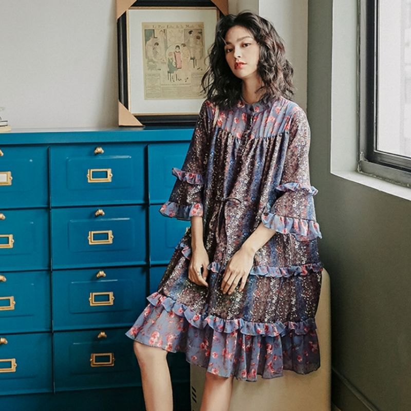 6950 Baju minidress FLORAL MINI DRESS lengan trompet dres Korea Korean style wanita import baju mini