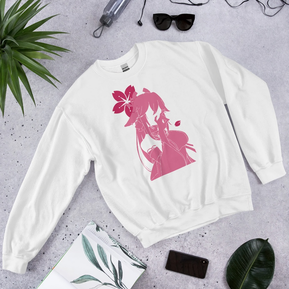 Crewneck Yae Miko Silhouette White Anime Manga Genshin Impact