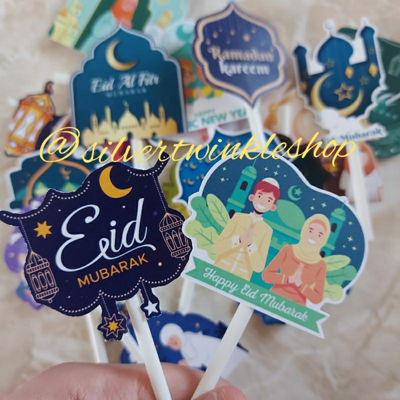 Cake topper idul fitri hiasan kue cookies lebaran tusuk ketupat tag eid mubarak tulisan gambar masji