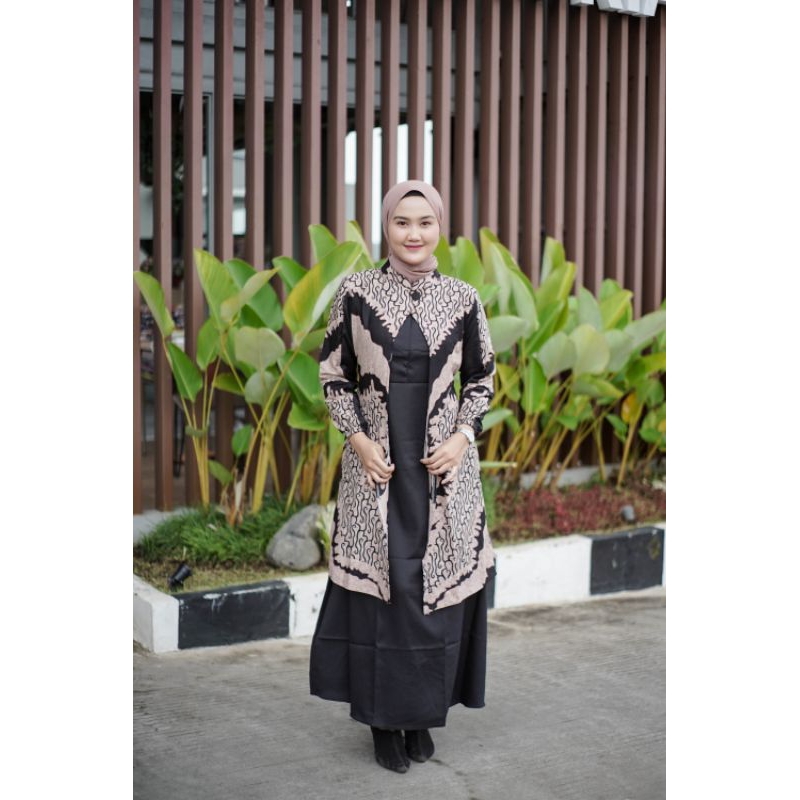Gamis Batik Wanita Modern Jumbo Kombinasi Polos Hitam Katun Premium
