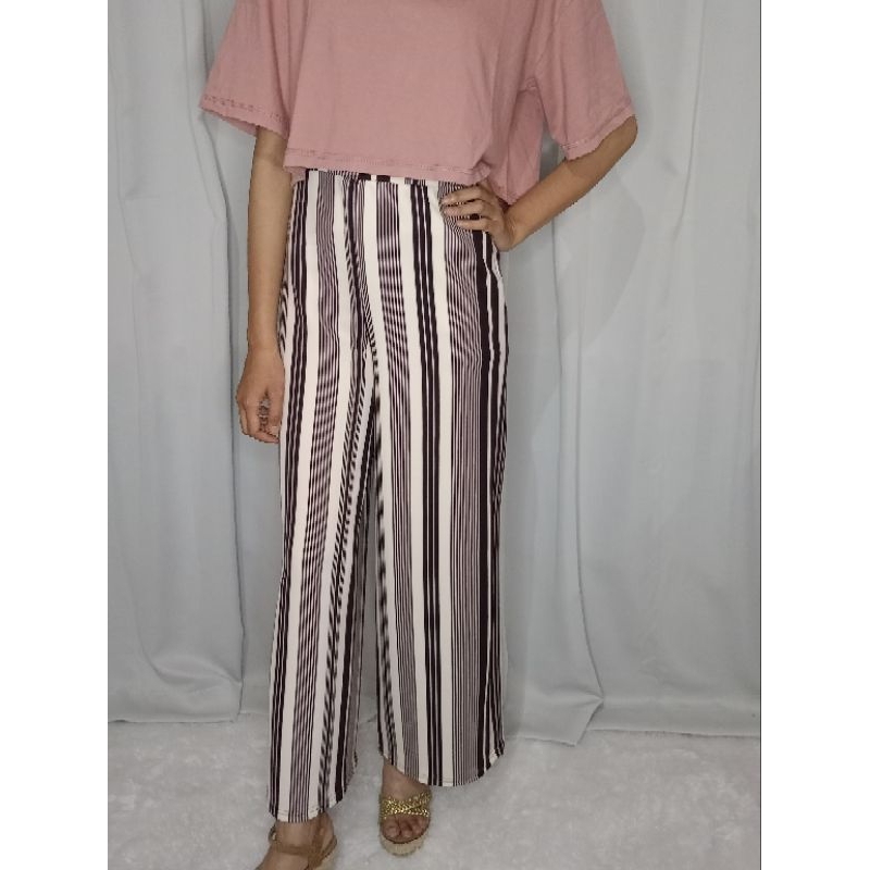 celana wanita kulot tebal lembut garis putih coklat premium scuba