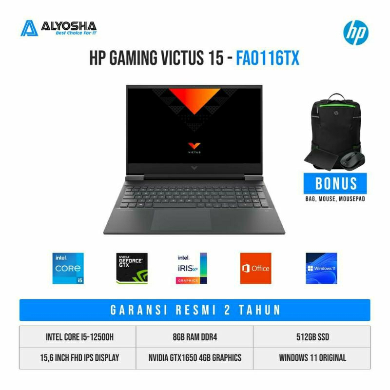 HP VICTUS 15 FA0116TX | CORE i5 12500H | 8GB | 512GB | GTX1650 4GB | WIN11 OHS2021