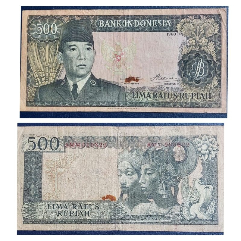 Uang Kuno Indonesia Series Sukarno 500 Rupiah 1960 kondisi Kertas Renyah Utuh Dijamin Original 100%