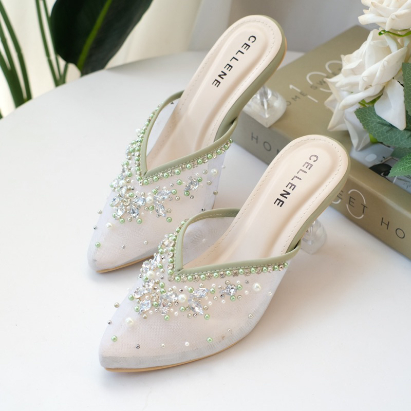 𝐂𝐄𝐋𝐋𝐄𝐍𝐄 Bira Beads Heels | wedding shoes sepatu pengantin berpayet beads tinggi 7cm hak kaca sage green