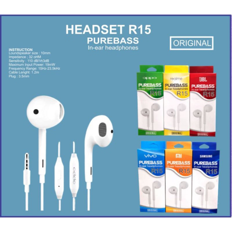 HEADSET PURE BASS R15 HF BRANDED SAMSUNG MI OPPO VIVO PACKING IMPORT