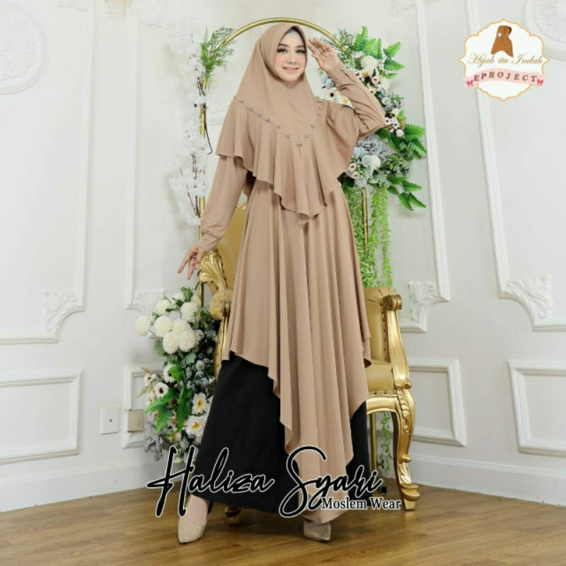 Haliza Syari Set, GAMIS SETELAN SYARI CANTIK MODIS FIT XXXL LD 110-130 BAHAN MOSCREPE LOTUS MIX MUTIARA ZIPPER BUSUI +BERGO CANTIK TERMURAH TERLARIS OOTD KEKINIAN