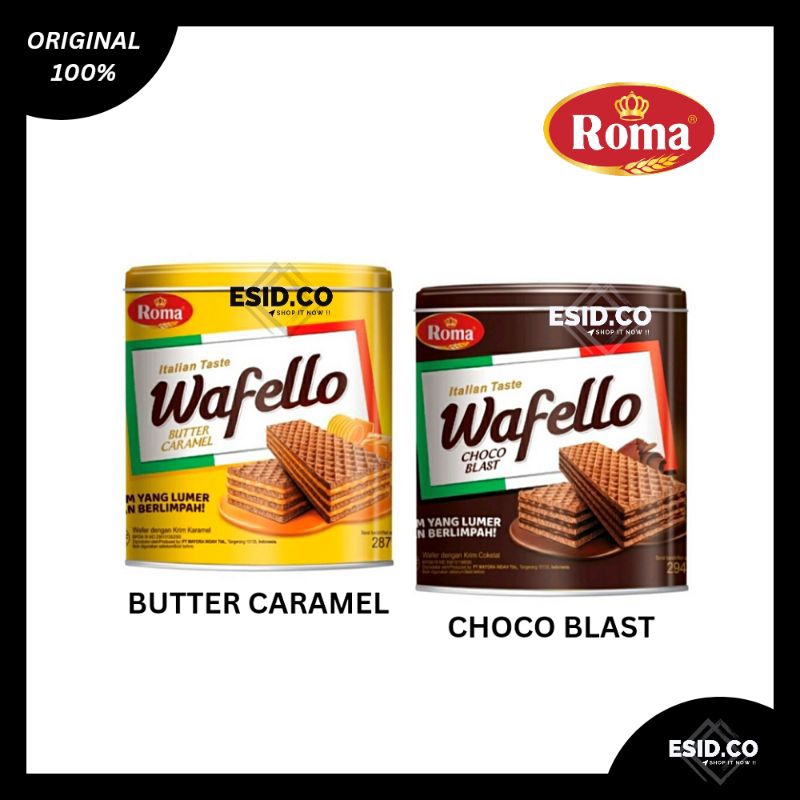 

Roma Wafello Wafer Italian Taste Kemasan Kaleng 228gr & 234gr | Wafello Butter Caramel / Choco Blast