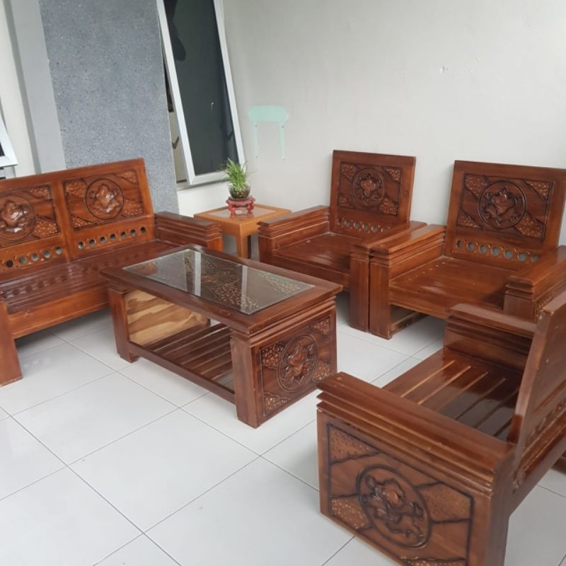 kursi tamu kayu jati 2111 + meja kayu kaca