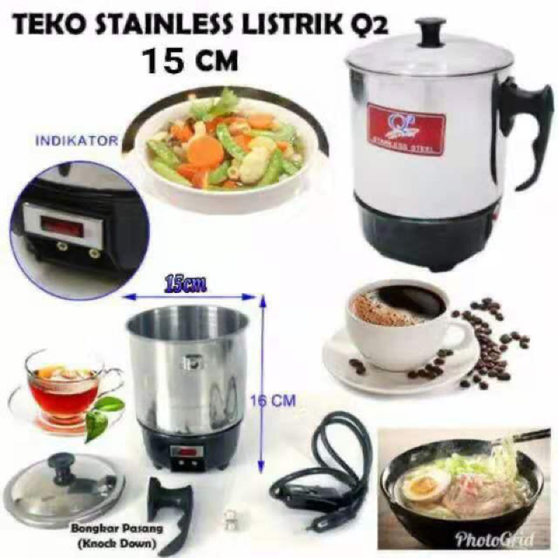 Mug Listrik Teko Listrik Panci Listrik Q2 Stainless Steel 1.500ml Pemanas Air Teko Masak Air Panci Rebus