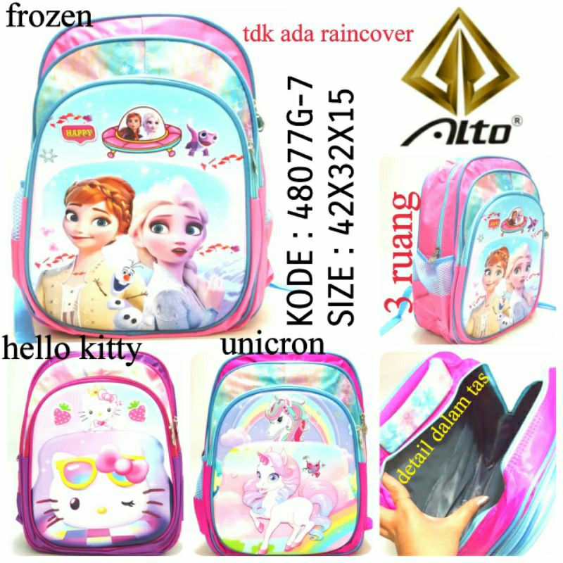 TAS ANAK TK KARAKTER CEWEK FROZEN, UNICORN, HELLOKITTY. BY ALTO 48077G-7.