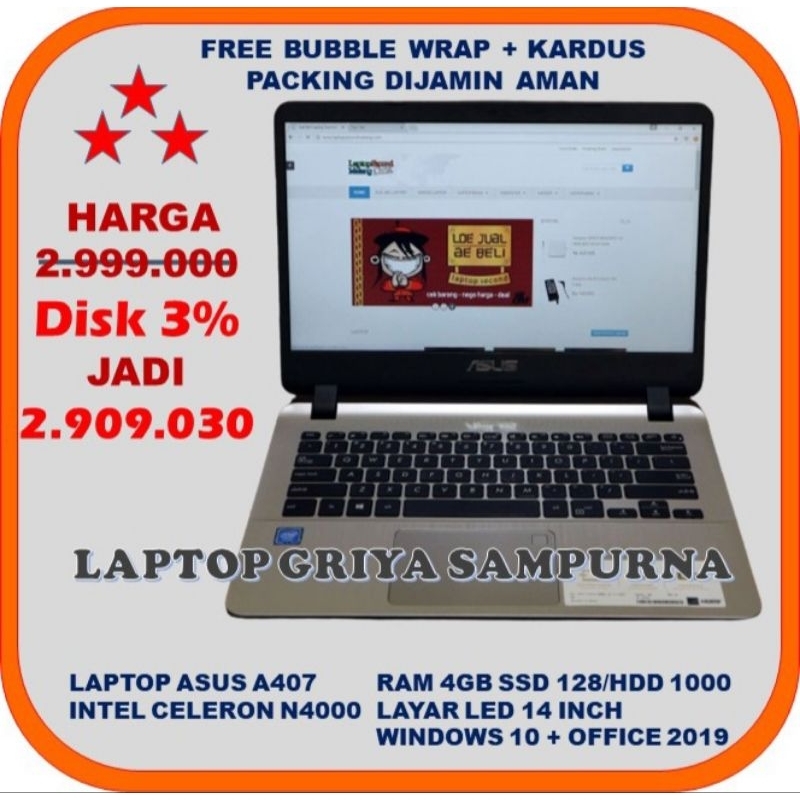 LAPTOP ASUS 407 SLIM GENERASI 8 RAM 4 GB PAKAI SSD + HDD NORMAL SIAP PAKAI - LAPTOP BEKAS MALANG - L