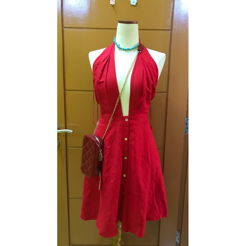 OYSHO RED LINEN DRESS WANITA ORIGINAL NEW
