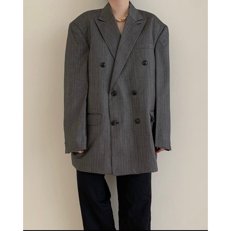 Recycled - Silver Striped Double-Breasted Blazer - Outer Jas Warna Abu Mengkilap Kancing Dua Baris