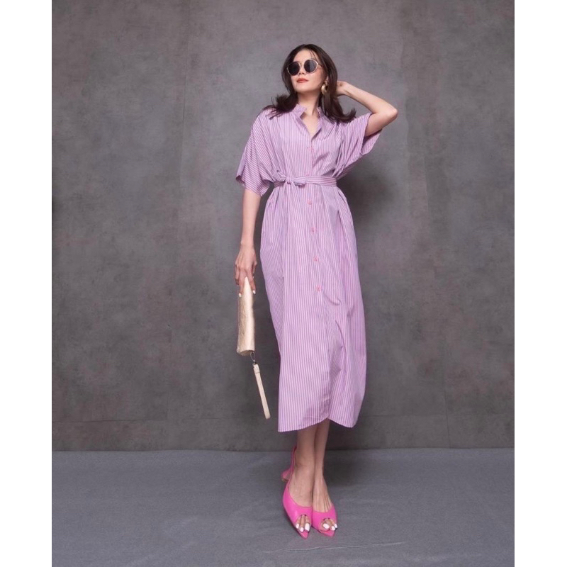 midi dress lengan pendek / dress casual wanita lengan pendek / stripe dress midi