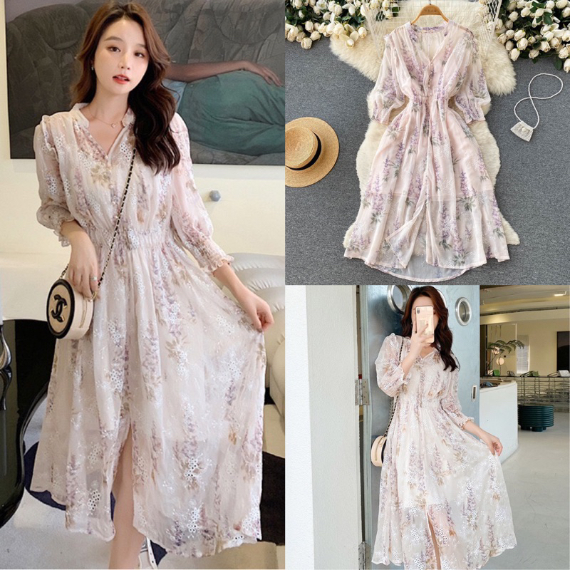 D1162 BETLE PREMIUM KOREAN STYLE FLORAL VINTAGE MIDI DRESS KANCING