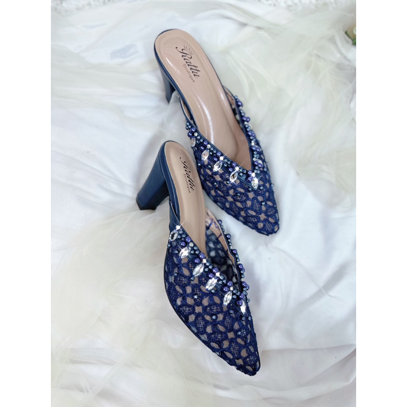 Termurah!!!! Heels 7cm brukat payet Ricis navy / wedding shoes navy / sepatu pengantin Navy / sepatu wisuda / sepatu seserahan