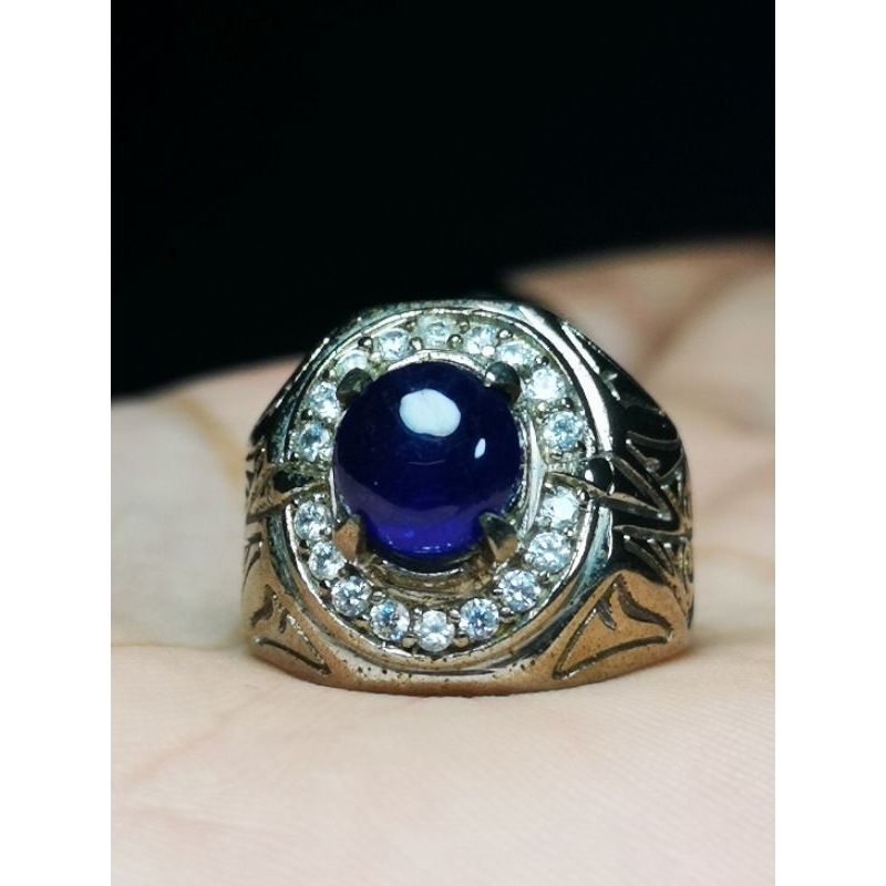 Cincin batu natural blue sapphire oval cabochon