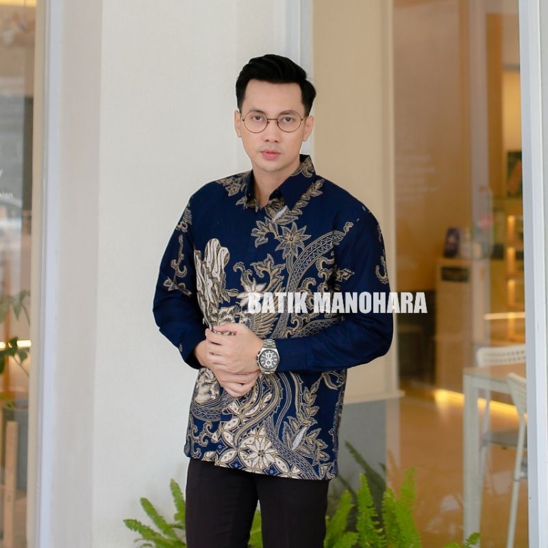 SELING NAVY Baju Batik Pria Modern Premium Lengan Panjang Full Furing Biru Navy
