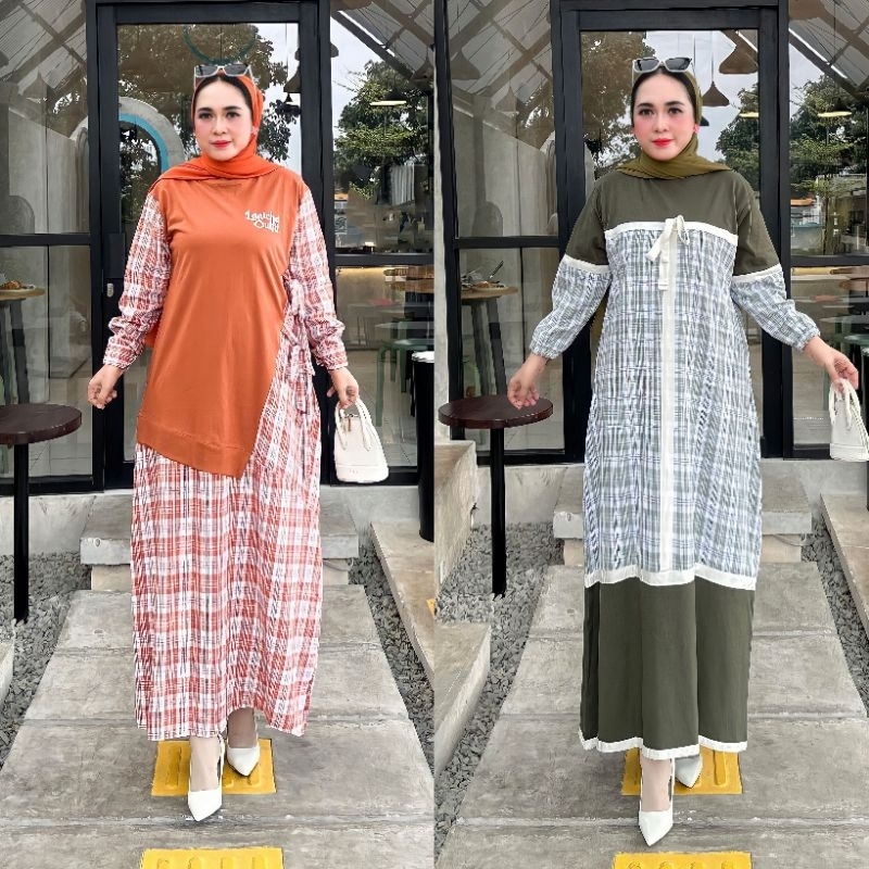 GAMIS KAOS KOMBINASI KATUN FLANEL ORIGINAL LANICHA DRESS WANITA MUSLIM