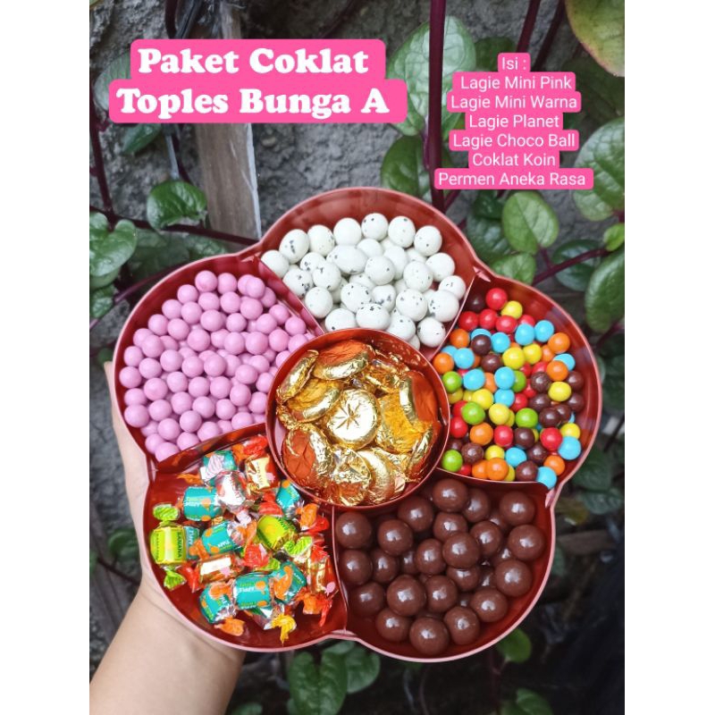 

Coklat toples bunga / coklat koin / cokelat lagie / coklat lebaran / lagie stik / hampers Lebaran