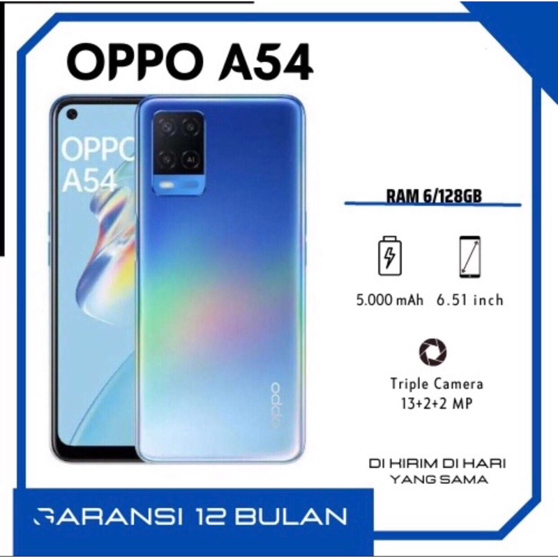 OPPO A54 HP RAM 6/128G ARANSI TOKO 1 TAHUN [5000mAh,Android 10, ColorOS 7.2 , HD+ Eye-care Display]