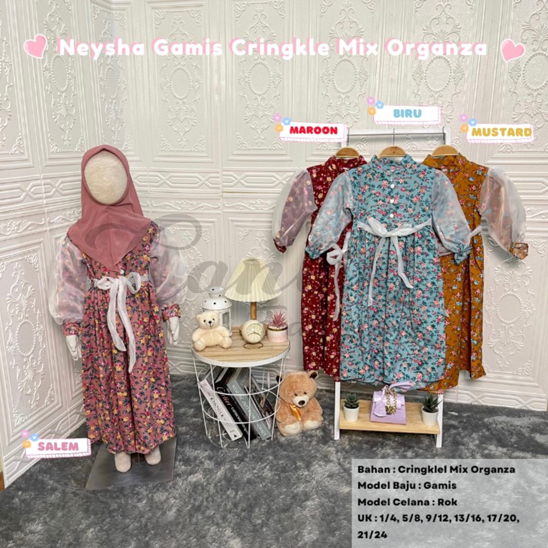 “neysha” set gamis muslim setelan hijab anak perempuan crinkle organza viral motif bunga kembang plu