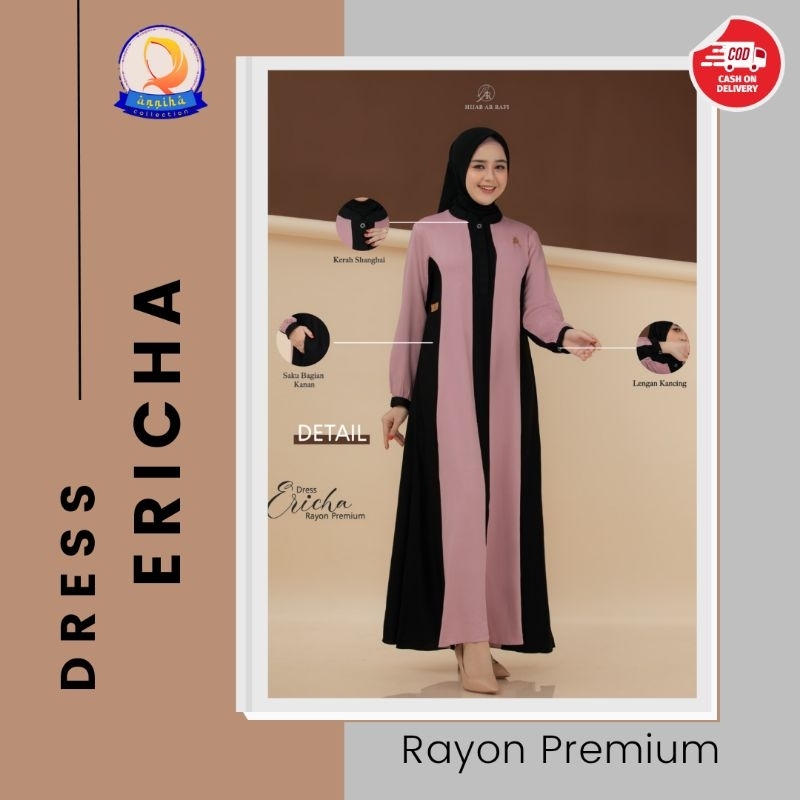 Terbaru √ Dress Ericha By Ar Rafi Hijab Baju Gamis Wanita Kekinian Kombinasi Polos Rayon Premium Ori Arrafi || Anniha Collection