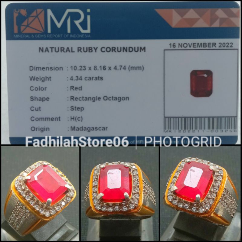 Cincin Perak Natural Red Ruby Pigeon Blood Octagon + Memo Lab