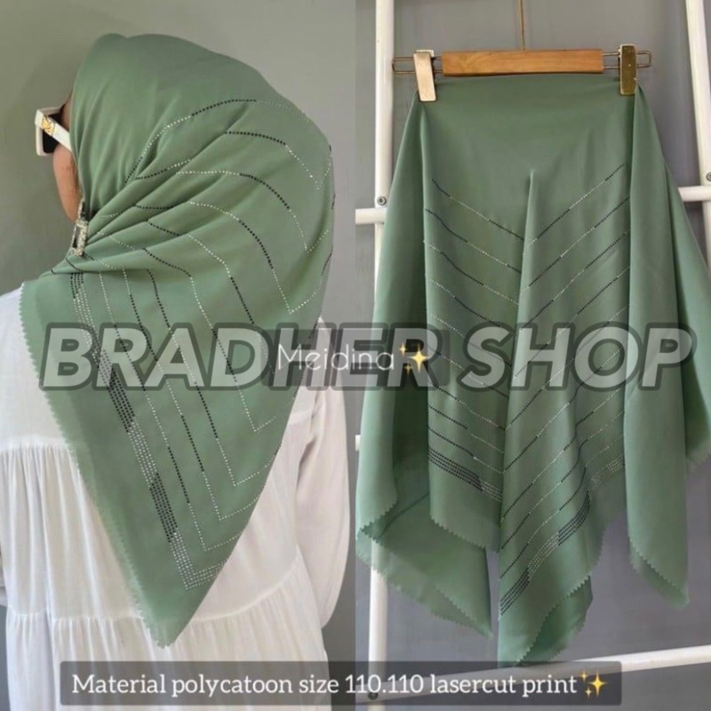Hijab Segi 4 Empat Laser Cut Swarovski Pollycatton Motif V / Kerudung Payet Press