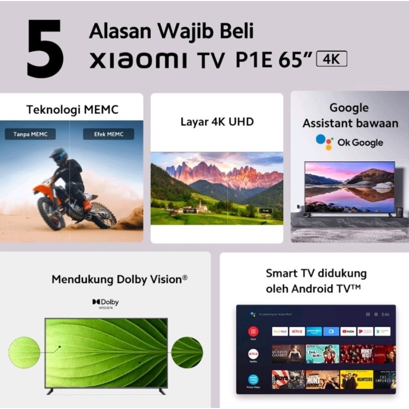 Xiaomi TV P1E 65 Inch 4K UHD Android TV Digital TV Garansi Resmi