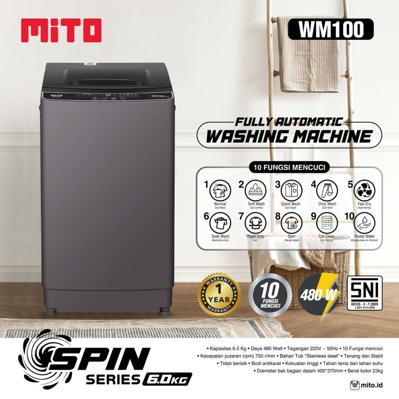 MESIN CUCI 1 TABUNG MITO WM100 AUTOMATIC WASHING MACHINE 6KG