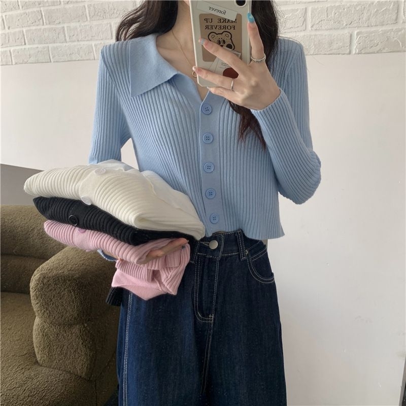 Atasan Rajut Wanita Import Poloshirt Knitwear Fashion Korean Crop Long Sleeve Knit Top Atasan Crop Atasan Korean Style Wanita