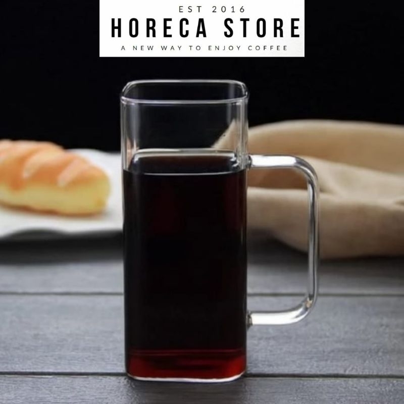 Gelas Square Gagang 12 oz 370ml / Gelas Kopi Susu Teh / Gelas Kaca Kotak Aesthetic Korea Coffee / Ge