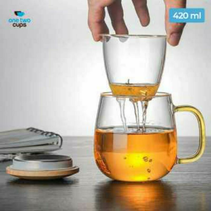 One Two Cups Mug Cangkir Gelas Kopi Teh Set Saringan Infuser Tutup Kayu Gelas Kaca Unik Dengan Saringan Infuser