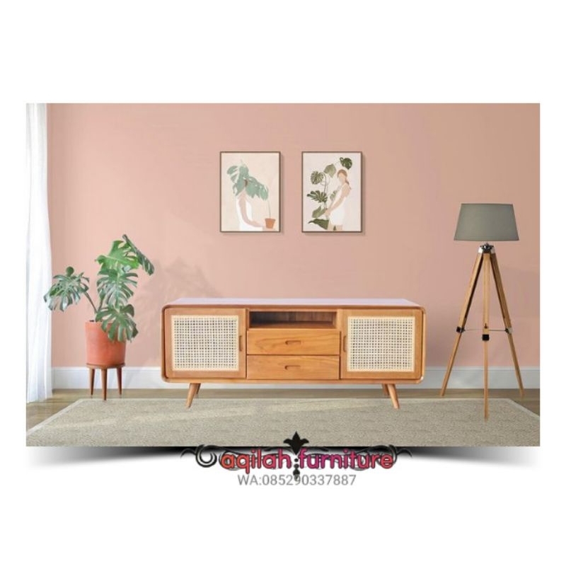 BIFET TV MEJA TV BIFET RETRO BIFET MINIMALIS BIFET KAYU JATI KOMBINASI ROTAN