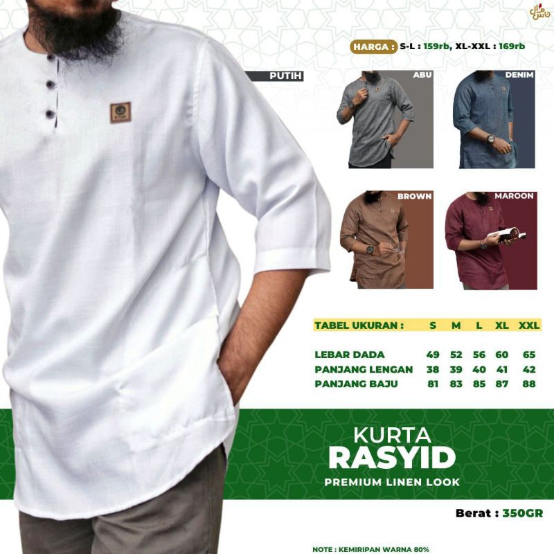 Baju Koko Kurta Al-Faqih Rasyid Lengan 3/4 Bahan Premium Linen Pakaian Muslim Pria Dewasa
