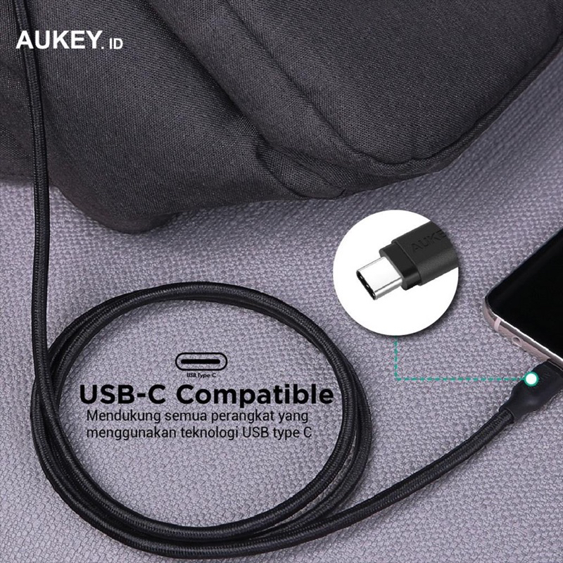 Kabel Charger Type C Aukey CB-AC1 1.2M Braided Black - 500279 Terbuat dari bahan braided nylon dengan kualitas tinggi Mengisi daya 4x lebih cepat Pastikan perangkat anda support USB type C BY SEN