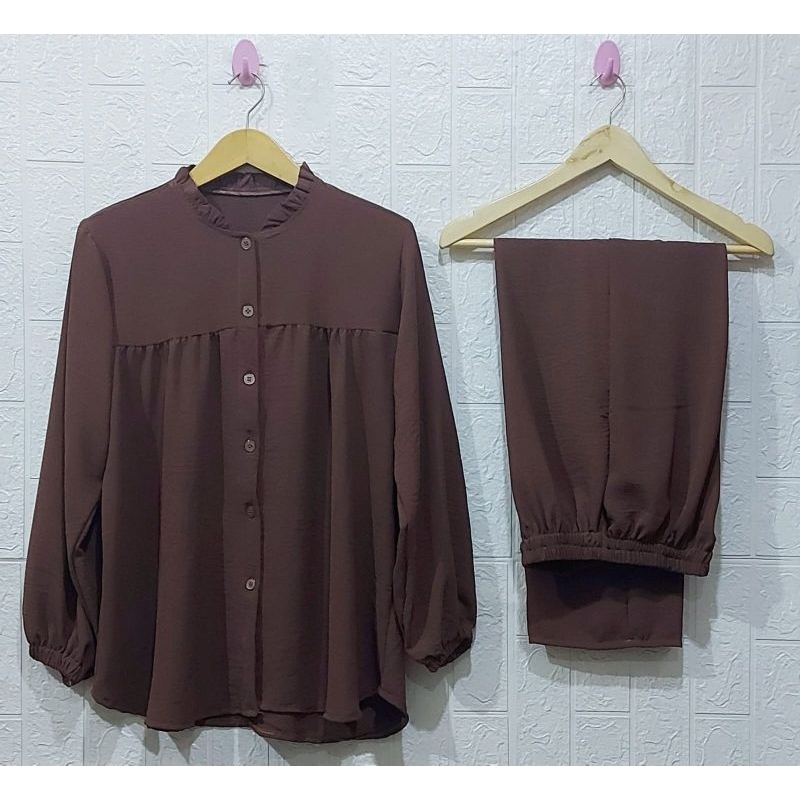 ONE SET RAYON CRINKLE AIRFLOW SETELAN // SETELAN RAYON CRINKLE AIRFLOW// DRESS RAYON // SETELAN RAYON  //BUSUI FRIENDLY//PIYAMA//PREMIUM//HOMEY//BUSUI-Coklat Tua/Kopi