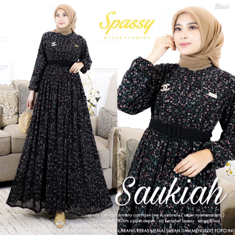 Saukiah Maxy Dresss By Spassy Gamis Ceruty Babydol Free Fandbelt Gamis Maxy Fashion Wanita