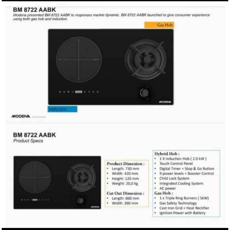Kompor Gas &amp; Listrik Tanam MODENA BM 8722 AABK / 2 Tungku