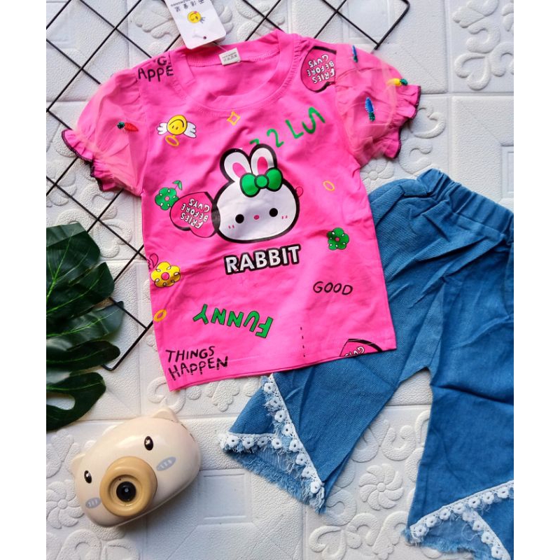 [1-5 th] Setelan anak perempuan atasan jins cherry import 1-5 tahun / Baju Setelan kaos celana Jeans cutbray mutiara anak cewek