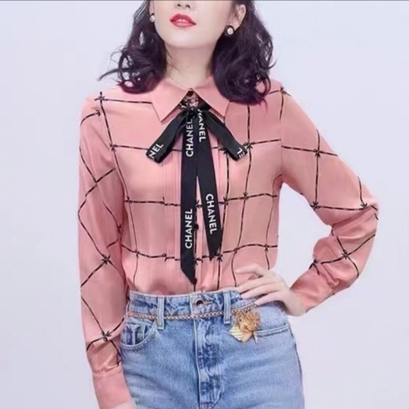 8751 Baju atasan kemeja TIE NECK SHIRT lengan panjang motif kotak pink Korea Korean style wanita imp