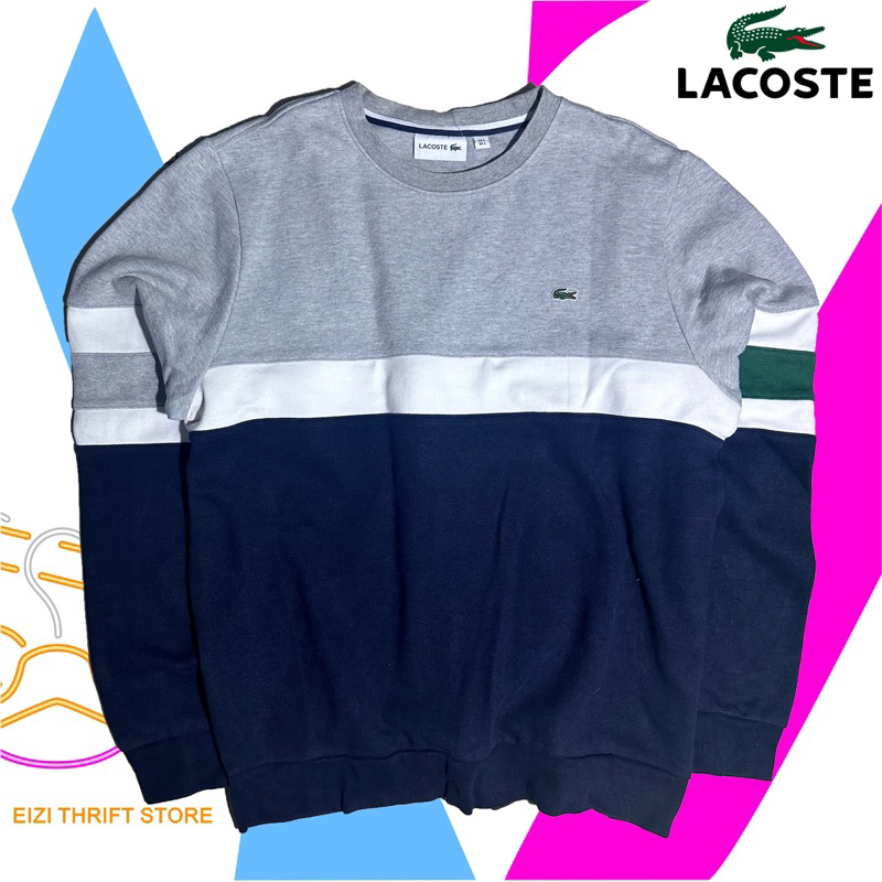 Crewneck Lacoste tri tone & Stripe White Black Koleksi Pribadi
