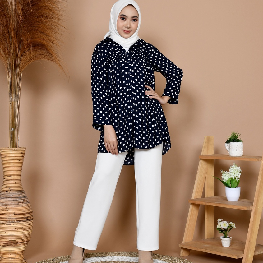 NHM Kemeja Wanita Kerja Santai, Baju Atasan Oversize Motif Polka