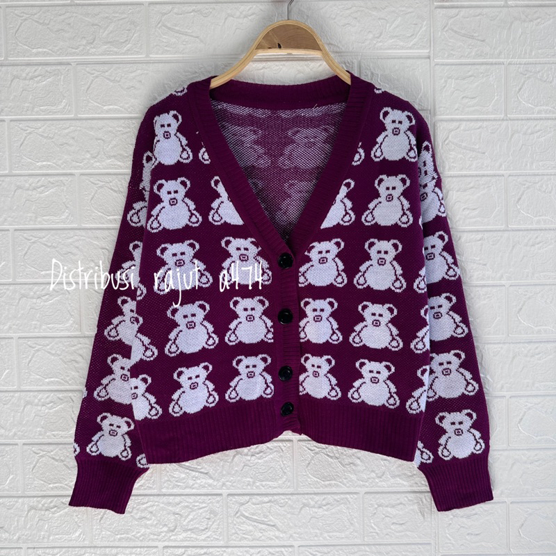 KARTIKA CARDIGAN RAJUT CROP MOTIF BEAR WANITA