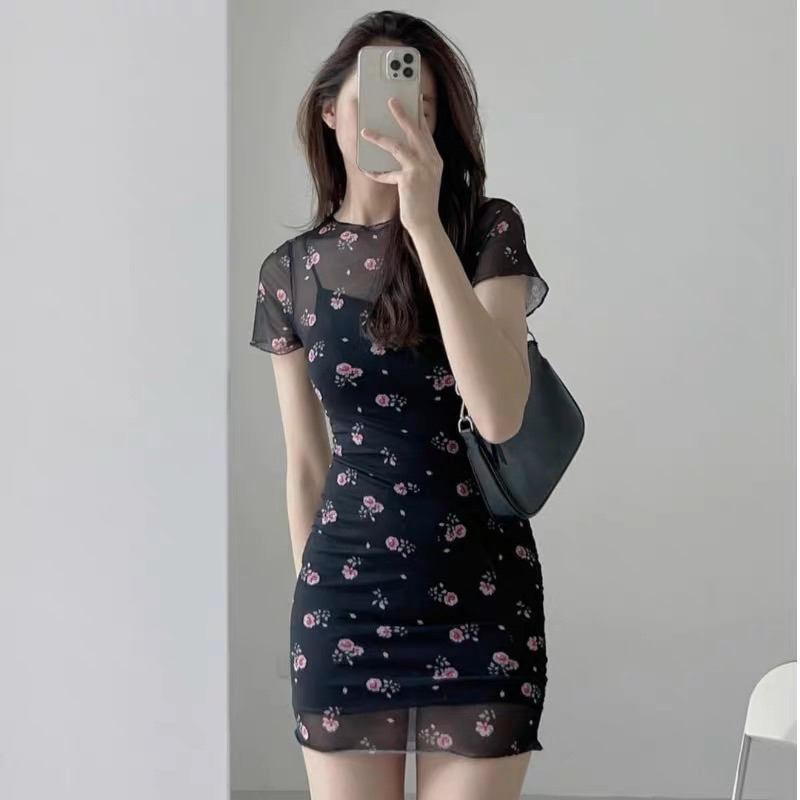 READY - Sorin Two Layer Dress | Terusan wanita korea transparan floral hitam tank top dress