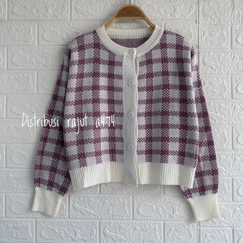 MAY CARDIGAN RAJUT KANCING CROP TOP MOTIF KOTAK KOTAK