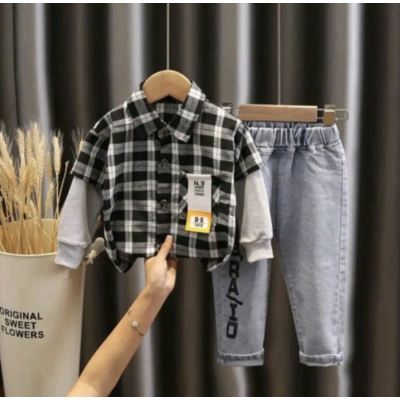 JEANS SET | SETELAN ANAK LAKI-LAKI TERBARU 2022 SETELAN KASUAL KEMEJA FLANEL CELANA SOFT JEANS UMUR 1-5 TAHUN