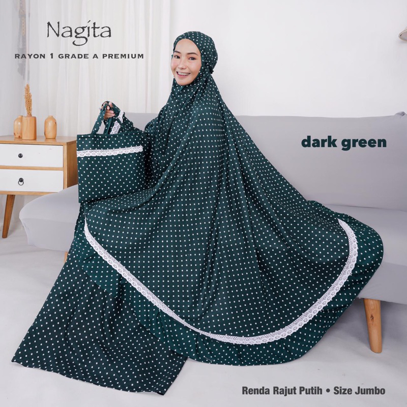 MUKENA RAYON PREMIUM JUMBO RENDA RAJUT RUKUH MUKENAH MOTIF NAGITA POLKA