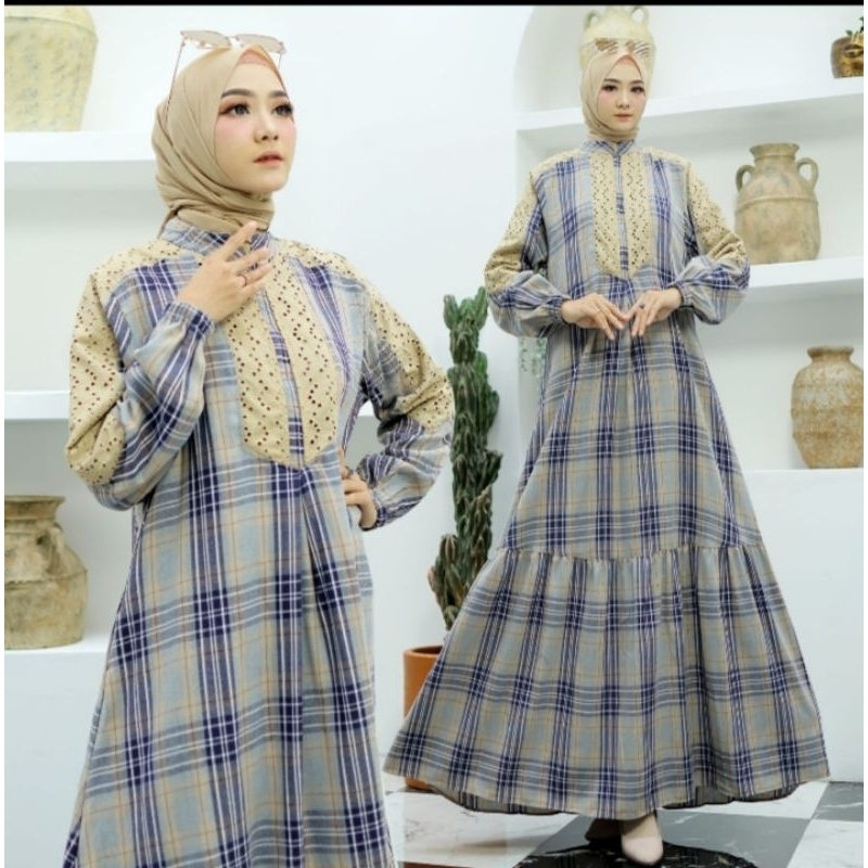 Gamis flanel kombinasi renda Gihaza